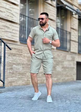 Костюм с шортами мужской легкий летний льняной на лето базовый черный синий белый...