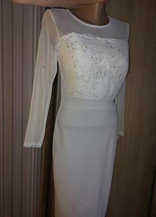 Біла сукня футляр з мереживом та стразами, плаття міді, плаття по фігурі1 фото