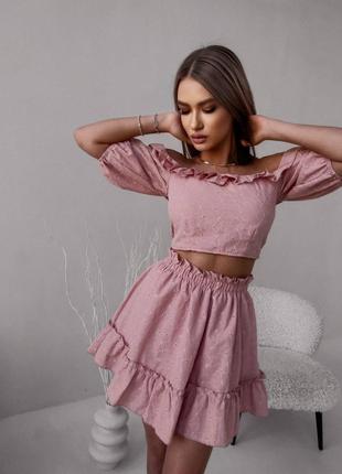 Костюм зі спідницею міні короткою жіночий легкий літній на літо базовий білий рожевий нарядний святковий повсякденний бавовняний спідниця коротка топ