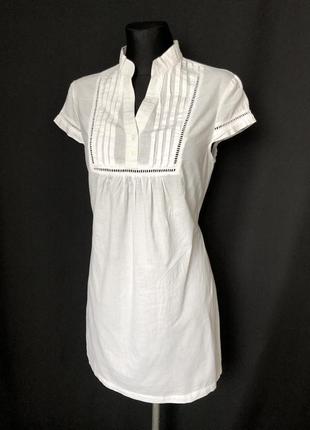 Белая удлиненная блузка стойка воротник хлопок1 фото
