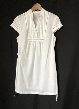 Белая удлиненная блузка стойка воротник хлопок4 фото