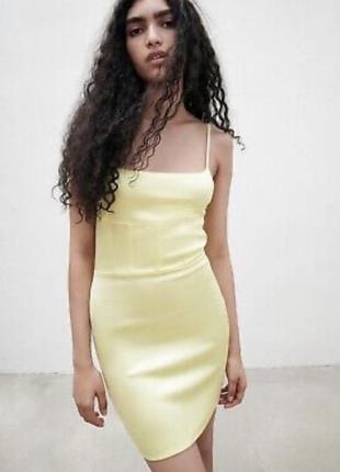 Платье желтое лимонное короткое мини платье зара zara обтягивающее корсетное4 фото