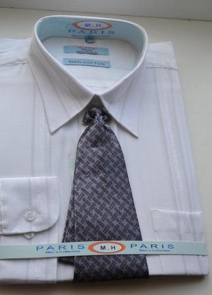 Фирменная мужская рубашка с галстуком длинный рукав m.h.paris 100% хлопок6 фото
