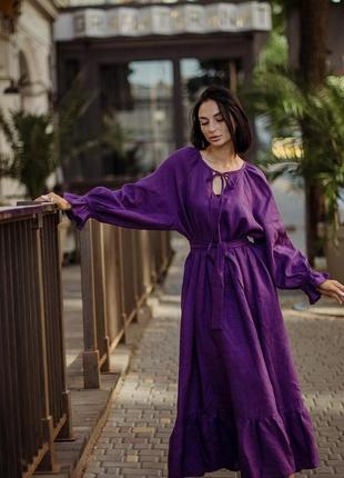 Фиолетовое платье макси с поясом и рукавами-фонариками в стиле бохо из натурального льна6 фото