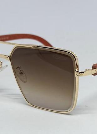 Очки в стиле cartier мужские солнцезащитные брендовые коричневый градиент в золотом металле