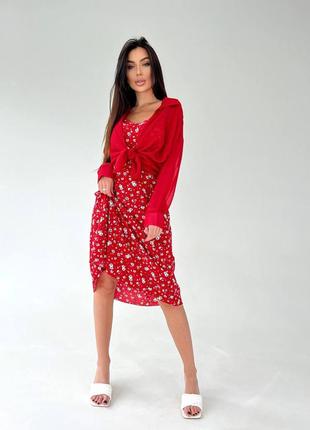 Жіночий червоний літній легкий трендовий 2023 комплект сукня + блуза в квітах