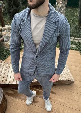 Стильний чоловічий діловий комплект рубчик піджак і штани осінній якісний строгий