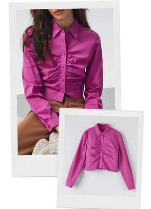 Укороченная рубашка sinsay с драпировкой кроп топ фуксия лиловый пурпур хлопок поплин