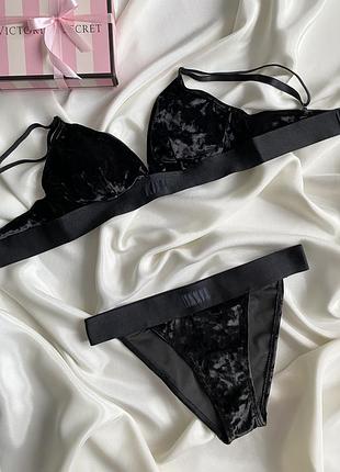 Черный комплект victoria’s secret pink оригинал бралет бикини трусики бархатные бархатные