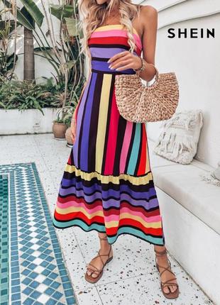 Сукня-комбінація сарафан у різнобарвну смужку та оборками на подолі shein