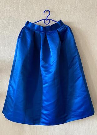 Closet юбка миди ниже колена атласная синяя колокол высокая талия электрик3 фото