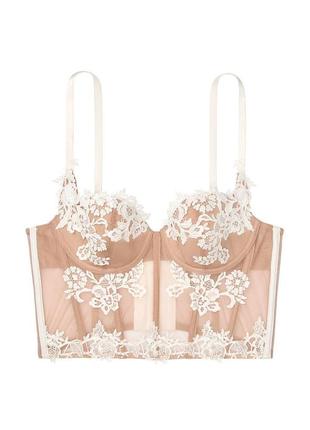 Бежевий мереживний комплект білизни з бюстьє victoria’s secret lightly lined floral lace9 фото