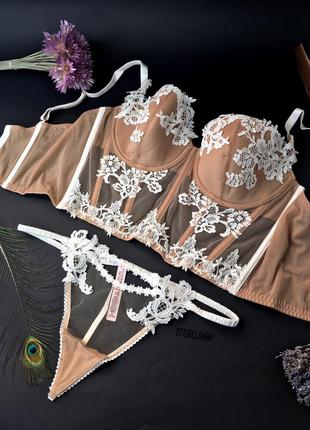 Бежевый кружевной комплект белья с бюстье victoria’s secret lightly lined floral lace5 фото