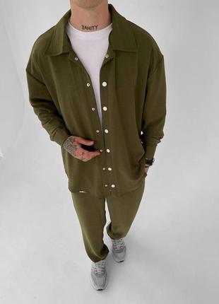 Легкий мужской костюм брюки + рубашка / комплект летний хаки оверсайз oversize креп на кнопках