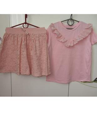 Набор летний для девочки 9-10 лет 140: нарядная юбка с кружевом и модная футболка блузка1 фото