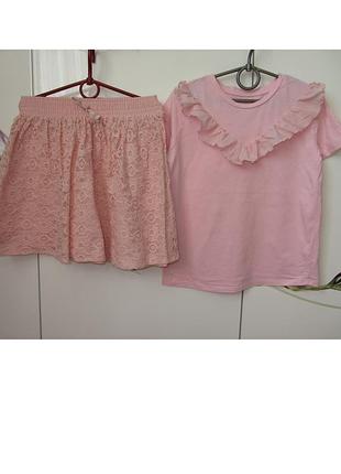 Набор летний для девочки 9-10 лет 140: нарядная юбка с кружевом и модная футболка блузка