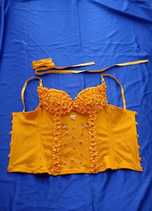 Жіночий ексклюзивний сексуальний пеньюар жовтого кольору вишитий бісером і квітами піжама ночнушка3 фото