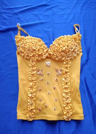 Жіночий ексклюзивний сексуальний пеньюар жовтого кольору вишитий бісером і квітами піжама ночнушка8 фото