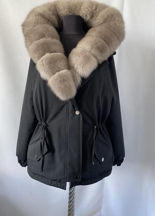 Женская зимняя парка куртка с натуральным мехом финского песца, мехом до груди, 52-60 размеры