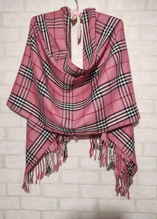 Стильный, качественный, легкий, широкий шарф-палантин в клеточку, с кистями