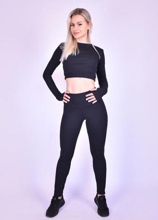 Женский спортивный топ - рашгард из рубчика, с длинными рукавами, черный3 фото