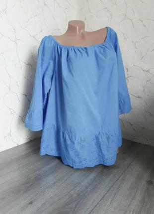 Блуза рубашка голубая с прошвой,54-56 р.