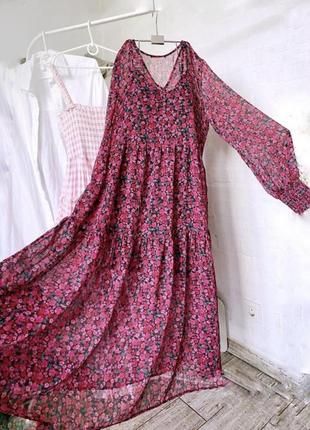 Ярусное платье шифоновое длинный рукав в цветочный принт