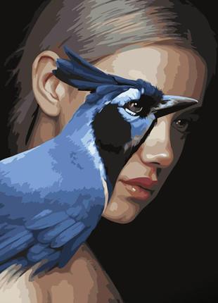 Картина по номерам strateg премиум девушка и синяя птица с лаком размером 40х50 см (gs1264)