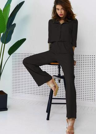 Костюм - двойка женский брючный льняной, пиджак укороченный, брюки, трендовый дизайнерский черный2 фото