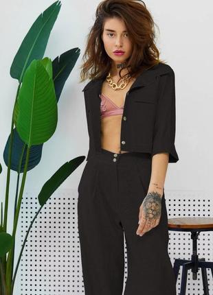 Костюм - двойка женский брючный льняной, пиджак укороченный, брюки, трендовый дизайнерский черный3 фото