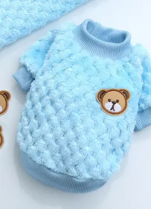 Махровая кофта свитер голубая с медведем для котов, щенков, собак-мальчков йорка, шпица m0770