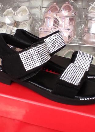 Черные босоножки сандалии для девочки с камнями на липучках6 фото
