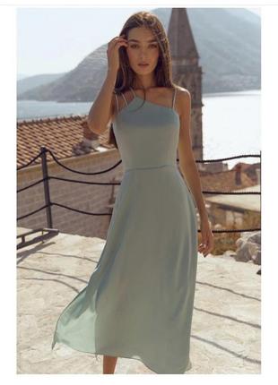 Оливково-бирюзовое платье, миди1 фото