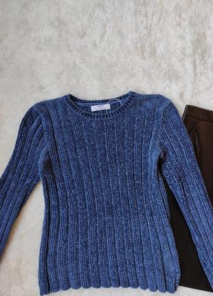 Синий свитер велюр бархатный плюшевый в рубчик кофта стрейч кроп короткая вязаная кофточка bershk4 фото
