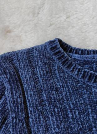 Синий свитер велюр бархатный плюшевый в рубчик кофта стрейч кроп короткая вязаная кофточка bershk7 фото