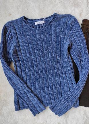 Синий свитер велюр бархатный плюшевый в рубчик кофта стрейч кроп короткая вязаная кофточка bershk3 фото