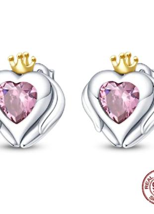 Сережки цвяшки принцеса королева гвіздки гвоздики серце серця сердечка корона крила  циркони різнокольорові срібло 9251 фото