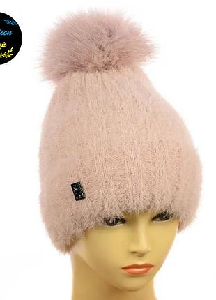 ● женская ангоровая шапка с помпоном - марго - персиковый ●