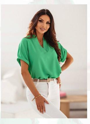 Стильная блуза с коротким спущенным рукавом элегантная блузка футболка зеленая розовая малиновая4 фото