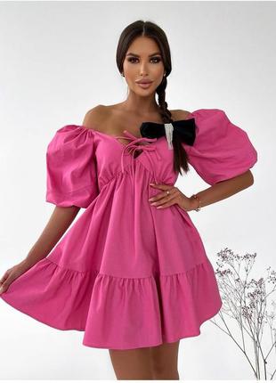 Стильна міні сукня коротка вільного крою з об'ємними короткими рукавами з відкритими плечима пишна плаття рожева фіолетова зелена блакитна2 фото