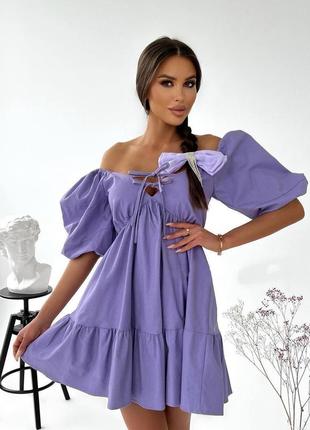 Стильна міні сукня коротка вільного крою з об'ємними короткими рукавами з відкритими плечима пишна плаття рожева фіолетова зелена блакитна4 фото