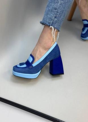 Сині туфлі на масивному стійкому каблуку замша + шкіра6 фото