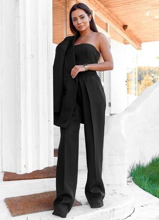 Костюм-трійка жіночий брючний, топ, піджак, штани прямого вільного крою, однотонний чорний2 фото