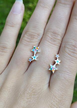Сережки цвяшки гвіздки гвоздики зірочки star циркони різнокольорові срібло 9253 фото