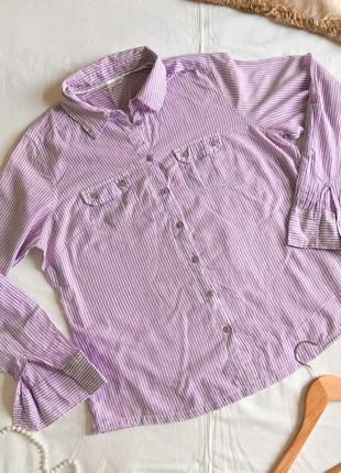 Классическая сиреневая рубашка в полоску из хлопка marks&amp;spencer (размер 42-44)