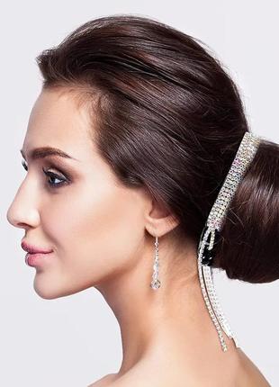 Блискуча шпилька для волосся з китицями декор каміння колір сріблястий