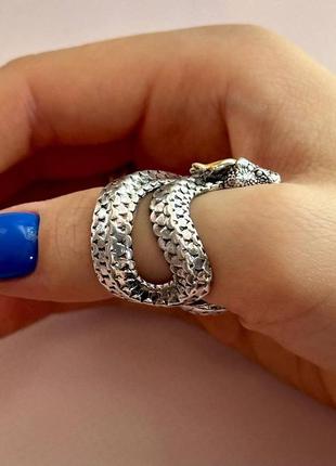 Стильное кольцо унисекс массивное регулирующиеся в форме змеи серебристого цвета  (17-22)4 фото