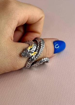 Стильное кольцо унисекс массивное регулирующиеся в форме змеи серебристого цвета  (17-22)8 фото