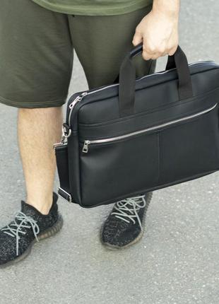 Стильна якісна ділова сумка для ноутбука та документів з екошкіри capitalist портфель чорний2 фото