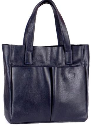 Жіноча сумка тоут з натуральної синьої шкіри з накладними кишенями